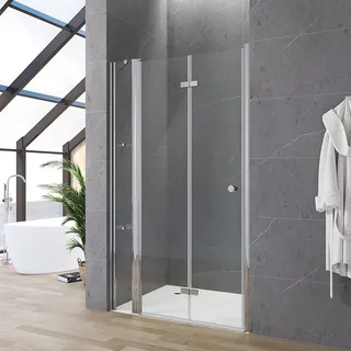 Duschtür mit Festteil und Eckregalen breite 110 cm Verstellbereich 108-111 cm Falttür Drehfalttür mit festem Seitenteil Duschabtrennung Duschwand Glas für Nische mit Duschablage Echtglas 5 mm klar