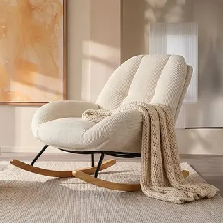 MEUBLE Cosy Schaukelstuhl Relaxstuhl mit Breiter Komfortsitz, Schaukelsessel aus Cordstoff, für Wohnzimmer Schlafzimmer Babyzimmer, bis 120 kg belastbar, Beige