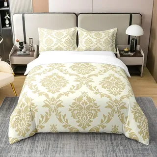 100% Gewaschene Baumwolle Gold Damast Bettwäsche Set 135x200,Antike Barock Vintage Floral Tröster Bezug,Klassische Blumen Bettbezug Teen Erwachsene,Elegante Europäische Kunst Stil Bequeme Quilt Cover