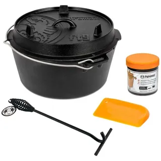 Petromax Feuertopf ft9-t Einsteiger-Set - Dutch Oven mit Standfüßen inklusive Deckelheber, Pflegepaste und Schaber - für alle Grillarten und offenes Feuer - 7,5 Liter