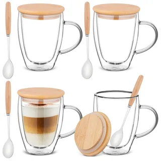 Doppelwandige Kaffeetasse, 4 x 350 ml Pack Espresso Gläser mit Deckel,Espressotassen Set,Latte Macchiato Gläser,Tassen aus Borosilikatglas für Eiskaffee/Heißgetränke/Tee/Cappuccino/Latte