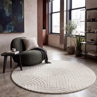 Paco Home Teppich Wohnzimmer Schlafzimmer Hochflor Weich Uni Skandinavisch Boho Motiv 3D Optik Regenbogen Waschbar Creme, Grösse:120 cm Rund