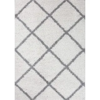 Hochflor Teppich Wohnzimmer Shaggy weich modern Rauten Muster Grau Anthrazit Creme Schwarz Rot Lila Beige, Farbe:Weiß, Maße:70x140 cm