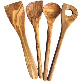 4 hochwertiger Kochlöffel - 4Set aus Olivenholz - rund + mit Ecke +Pfannenwender+ Risotto Löffel (4er Set)