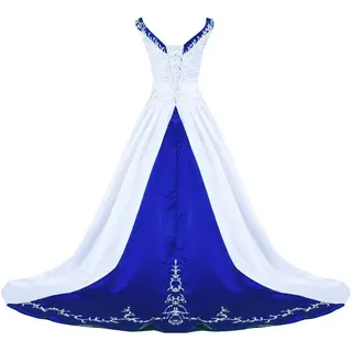 Zorayi Damen V-Ausschnitt Kapelle-Schleppe Perlen Stickerei Satin Hochzeitskleid Brautkleider Weiß & Blau Größe 52 - 52