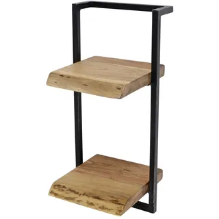 Wandregal Akazie massiv, Industrial Design mit Baumkante, Metallrahmen schwarz, 2 Ablagen