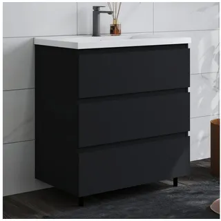 duschspa Waschtisch Badmöbel Set Waschbecken mit Unterschrank Badezimmer Möbel Schrank (Hängeschrank, mit Schrankfüße), 80/100cm breit schwarz 80,5 cm x 82 cm x 46.5 cm