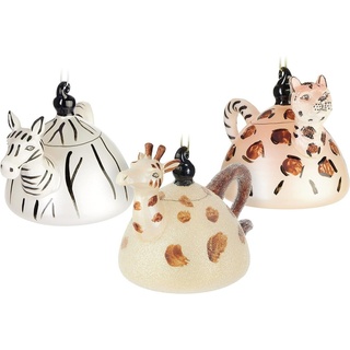 BRUBAKER Christbaumschmuck Weihnachtskugel Set - Safari (3-tlg), Teekannen Set Giraffe Zebra Leopard - Weihnachtskugeln beige