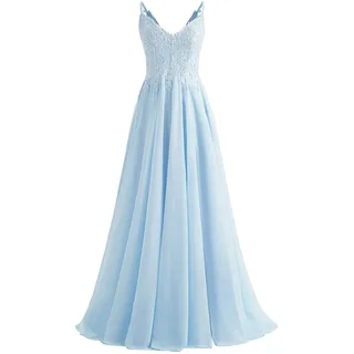 Beyonddress Damen V-Ausschnitt Abendkleider Elegant Chiffon Ballkleid Spitzen Applikationen Brautjungfernkleider Abschlussballkleid(Hellblau,48) - 48
