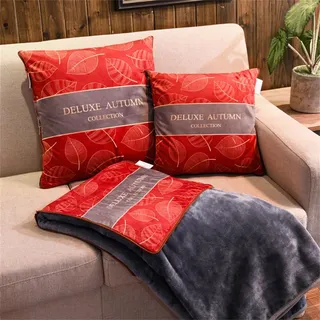 Surwin Flanelldecke Reisedecke Kissen Decke 2 in 1, Super Weich Luxuriös Flugzeugdecke, Reißverschluss Verwandlungskissen, Multifunktionale Wohndecke Sofakissen Zierkissen (150x200cm,Rote Blätter)