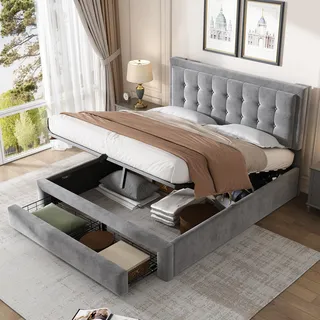 Laxnb Doppelbett Bett 140x200 cm Polsterbett, Jugendbett Bett mit Stauraum und Verstellbares Kopfteil, Schubladen und Hydraulisches Stauraumbett Bettgestell mit Lattenrost, Ohne Matratze, Samt Grau