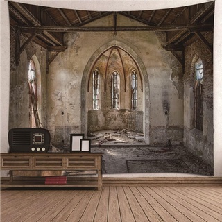 Tapisserie Chambre, Wandtuch Boho Grau Weiß Polyester Retro Schäbiges Gebäude Wandteppich Wanddeko Vintage 350x256cm