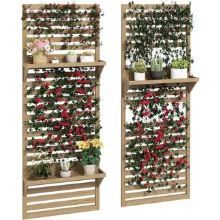 Famanu Pflanzenstandards Set aus 2 mit Wandregal - Holzregal für Balkon und Terrasse - Ideal für Kletterpflanzen und Blumen