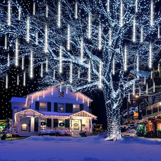 Kwaiffeo Weihnachtsbeleuchtung Außen, 20 Röhren Meteorschauer Lichterkette, Wasserdichte Fallende Regen Lichter für Weihnachten Halloween Weihnachtsbaum Hochzeit Fenster, Weihnachtsdeko Aussen,Weiß