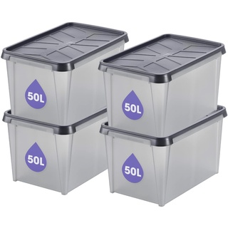 SmartStore Aufbewahrungsbox mit Deckel 50 L wasserdicht Plastik – 4er-Set – mattiert - ineinander & übereinander stapelbar - lebensmittelecht & BPA-frei – IP44 – L60 x B40 x H35 cm 10 Jahre Garantie