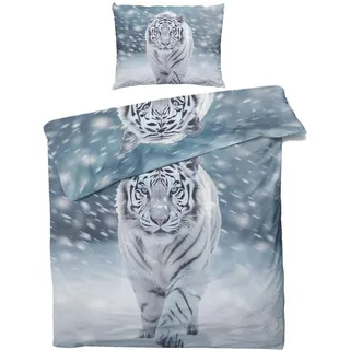 QEODAH Weißer Tiger Bettwäsche 135x200 - Wilde Tiere Bettbezug 135 x 200 2er Set - Wendebettwäsche & Kissenbezug - Weiche Mikrofaser Bettwäsche-Sets mit Reißverschluss - Schlafzimmer Bett Deko