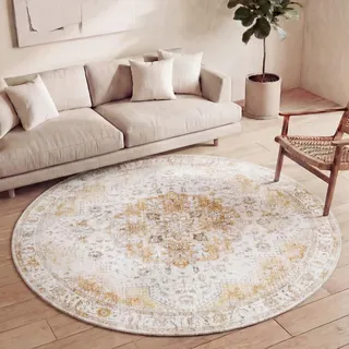 FRAAI | Home & Living Vintage Teppich Rund - Lago Gelb - Ø 240 cm - Baumwolle, Polyester - Flachgewebe - Vintage - Orientalisch - Wohnzimmer, Esszimmer, Schlafzimmer