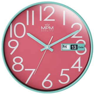 MPM Quality Design Wanduhr, Türkis/Pink, Datum-Anzeige, präzises Quarz-Uhrwerk, ∅ 305 mm, Moderne Wand-Deko für Wohnzimmer, Schlafzimmer oder Büro
