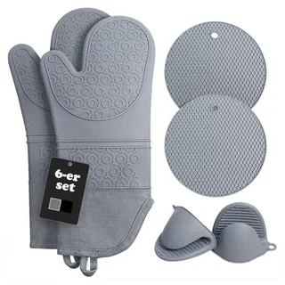 SURFOU Topfhandschuhe Ofenhandschuhe Topflappen Topfhandschuhe 6er Set Lange Backhandschuhe, (Kochhandschuhe, Oven Gloves, Topflappen Handschuh, Ofenhandschuhe Hitzebestaendig, Hitzebeständig bis 260°C, extra langen Handschuhen, BPA-freies Lebensmittel-Silikon & Baumwoll-Futter – Spülmaschinengeeigne, rutschfeste Oberfläche, inkl. Mini-Greifhandschuhen), Rutschschutz, Verlängern, Weich grau