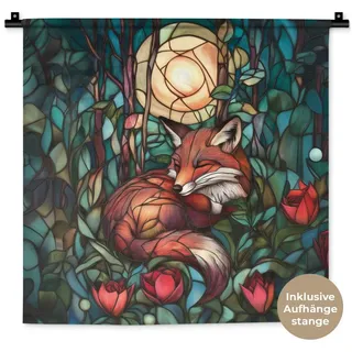 MuchoWow Wandteppich Fuchs - Mosaik - Wald - Mond, Quadratisch, Höhe: 3 mm, Wand Teppich, Deko für an den Wand, 60x60 cm Quadratisch | 60 cm x 60 cm x 3 mm