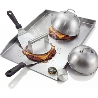 HAVENHAUS Grillplatte Edelstahl [40x30cm] Set mit Smash Burger Zubehör; 6-teilig Premium Set Plancha, Burgerpresse, Bur...