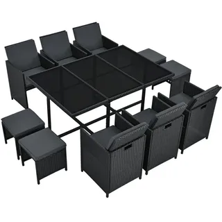 Juskys Polyrattan Sitzgruppe Baracoa XL 11-teilig wetterfest & stapelbar – Gartenmöbel Set mit 6 Stühle, 4 Hocker & Tisch für Garten & Terrasse