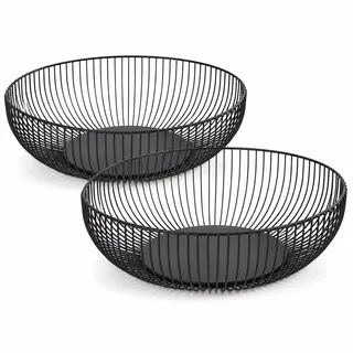 BOODPET Obstschale 2er-Set Schwarz Matt Metall Obstkorb Rund Ø 28 cm | Dekoschale und Aufbewahrungskorb im modernen Draht-Design, luftige offene Struktur, für Obst, Gemüse und Brot, Höhe 7,5 cm