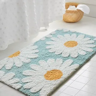 Badezimmerteppich Weiße Blume Blau Badematte Flauschig Mikrofaser Badvorleger rutschfest Duschvorleger Schnelltrocknend Badteppich Waschbar Duschvorleger Verdicken Badematten Badmatte 50x80cm