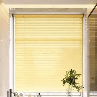 25mm Horizontal Verdunkelungs Alu Jalousien 30 50 60 70 80 90 110 120 130 140 150 cm Breite, Sichtschutz Aluminium Jalousie für Haus Küche Küche, ohne Bohren Sonnenschutz Jalousette(Light Yellow)