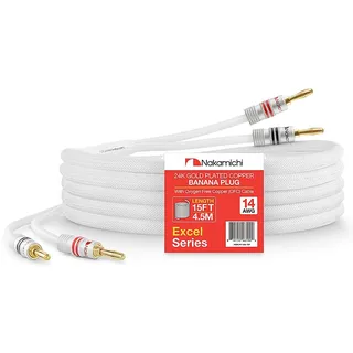 Nakamichi 24K vergoldeter Bananenstecker mit (15 Fuß) Lautsprecherkabel, 99,9% sauerstofffreies Kupfer (OFC), robustes geflochtenes Kabel, Heimkino-Verstärker - Weiß (14AWG / 15 Fuß / 4,5 Meter)