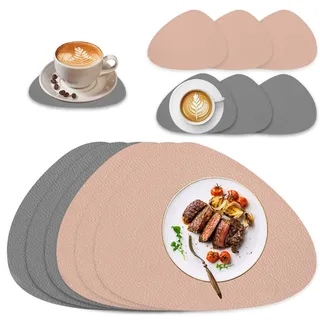 Tischset Leder 6er Set Tischsets Platzsets Abwaschbar Tischsets Abwaschbar Hitzebeständig Doppelseitigen Wasserdicht Platzdeckchen Lederoptik mit Tischuntersetzer, 41 x 33 cm, Grau und Rosa