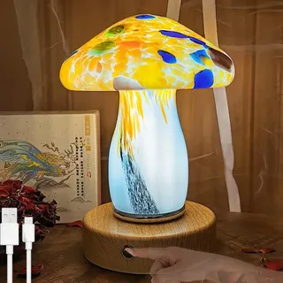 LOGT Tiffany Malerei Pilz Tischlampe Buntes Glas Pilz Lampe mit Touch Schalter Tischleuchte LED Innen Deko Nachttischlampe Batteriebetrieben Touch Dimmbar Nachtlicht USB Aufladbar für BüRo Bars
