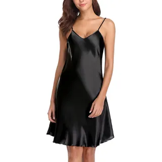 Vlazom Damen Nachthemd Satin Sexy Negligee Unterkleid mit Spaghettiträger V Ausschnitt Nachtkleid für Frauen(S,Stil A-Schwarz) - S