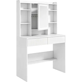 HOMCOM Schminktisch mit Spiegel und LED-Beleuchtung, Frisiertisch mit 2 Schubladen, 6 offenen Fächern und verstellbaren Regalen, Schminkkonsole mit 8 Haken für Schlafzimmer, Weiß   Aosom