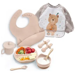 AIMAX Kindergeschirr-Set 9er Baby Geschirrset Set Kindergeschirr Babylöffel Trinklernbecher, Silikon Lätzchen Baby Teller Kinderteller mit Saugnapf weiß