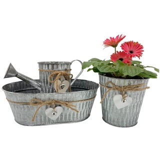 Online-Fuchs Blumentopf 3er Set mit Herz & Anhänger, Übertopf Blumenkasten Kräuter P75, Metall Optik Gießkann, oval und rund silberfarben