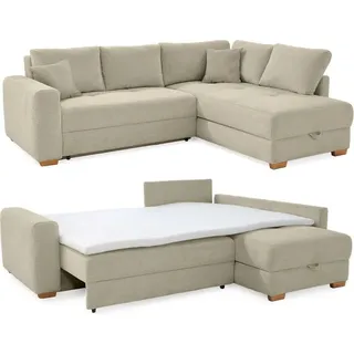 luma-home Ecksofa-Dauerschläfer Boxspring Federkern-Couch Topper Bettkasten, Cord Beige Grau / 15212 - Beige