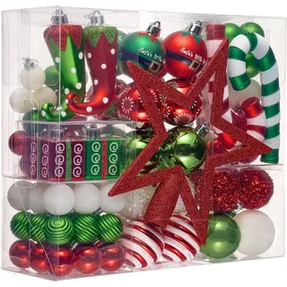 Victor's Workshop Weihnachtskugeln 100tlg. Plastik Christbaumkugeln Set Christbaumschmuck für Weihnachtsbaum Weihnachtsdeko Partydeko Hausdeko Elfen Thema Rot Grün Weiß(M)