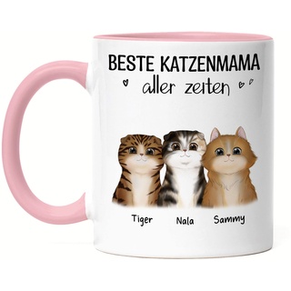 Kiddle-Design Katzenbesitzer Tasse Rosa Personalisiert Geschenk Katzenmama Katzenliebhaber Katzenmotiv Spruch Name Katzenfreund Haustier 3 Katzen