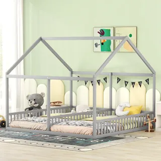 Merax Hausbett 90x200cm, 2-in-1 Kinderbett mit Rausfallschutz und Lattenrost, Funktionsbett Doppelbett für Zwei Kinder, Holz Baumhausbett für Mädchen & Jungen, Flachbett, Ohne Matratze, Grau