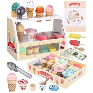 Toaren Eisdiele Kinder Holz,Eisdiele Eisladen EIS Spielzeug für Kinder Einkaufsladen Eiscreme Kinderküche Zubehör ab 3 Jahre mit Spielgeld,Kaufladen Zubehör Holz,Montessori Spielzeug Mädchen Jungen