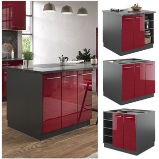 Vicco Kücheninsel Küchenblock Einbauküche Fame-Line Anthrazit Bordeaux Rot 90 cm modern Hochglanz Küchen Schränke Regalunterschrank Küchenunterschrank Regalinselunterschrank Softclose-Scharnier Küchenmöbel