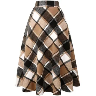 Langer karierter Wollrock für Damen, Winter, Herbst, warm, hohe elastische Taille, A-Linie, ausgestellt, plissiert, Wolle, Schottenkaro, Braun Neu, Mittel - M