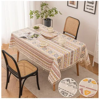 Sunicol Tischdecke Leinenoptik Tischdecke mit böhmischer Quaste, Wasserdicht, Öldicht, Vintage, Geometrische, für Küche Esstisch Dekoration 140 cm x 260 cm