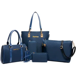 FiveloveTwo Damen Nylon 6-teiliges Schultertaschen Set Shopper Umhängetasche Geldbeutel Tote Taschen Henkeltaschen Clutches Geldbörsen, Blau, 2 - 2