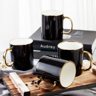 DUJUST Schwarze Kaffeetasse Set von 4(470ml), modernes und stilvolles Design mit handgefertigten goldenen Zierleisten, schwarzer und goldener Tasse für Kaffee, schöne und anmutige Top-Porzellanbecher