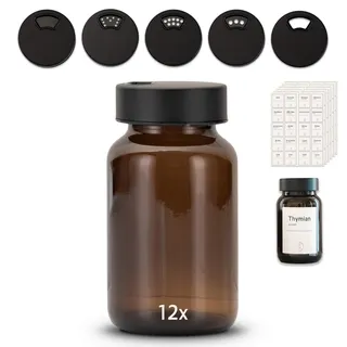 Koffs Design 12 Stück Gewürzgläser – Premium Gewürzglas aus Braunglas | Gewürzstreuer Set | Gewürzdosen mit Deckel und UV-Schutz | Gewürzbehälter mit Edelstahl-Streudeckel, 200ml mit Gewürzetiketten