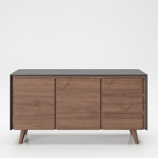 PLAYBOY - Sideboard "VICTORIA" mit 3 Schubladen und 2 Türen, sanft-schliessend, Walnuss/Grau, Retro-Design