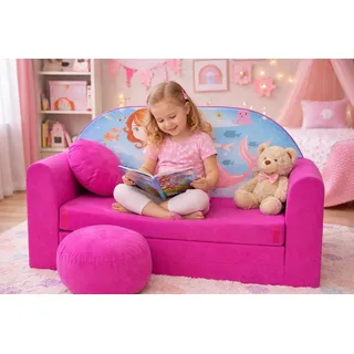 Pro Cosmo Kindersofa Bettfunktion 3in1 Sofa + Gratis Polsterhocker und Kissen Kindermöbel Set - H4 Rosa - Meerjungfrau
