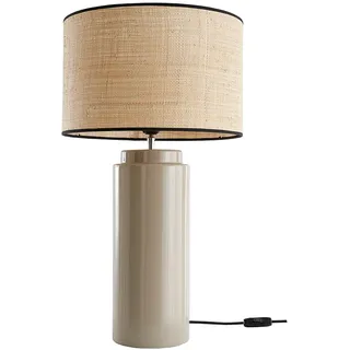 Tischleuchte aus emaillierter Keramik in Beige mit Lampenschirm aus Bast MAJES